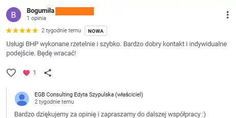 Usługi BHP wykonane rzetelnie i szybko. Bardzo dobry kontakt i indywidualne podejście. Będę wracać!