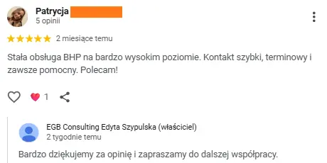 Stała obsługa BHP na bardzo wysokim poziomie. Kontakt szybki, terminowy i zawsze pomocny. Polecam!